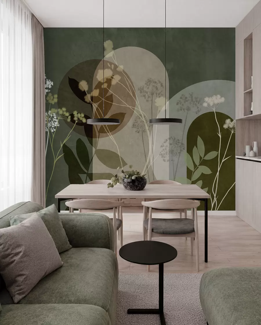 murais de parede Composição botânica e minimalista de flores e folhas secas com motivos geométricos abstratos w09906v2