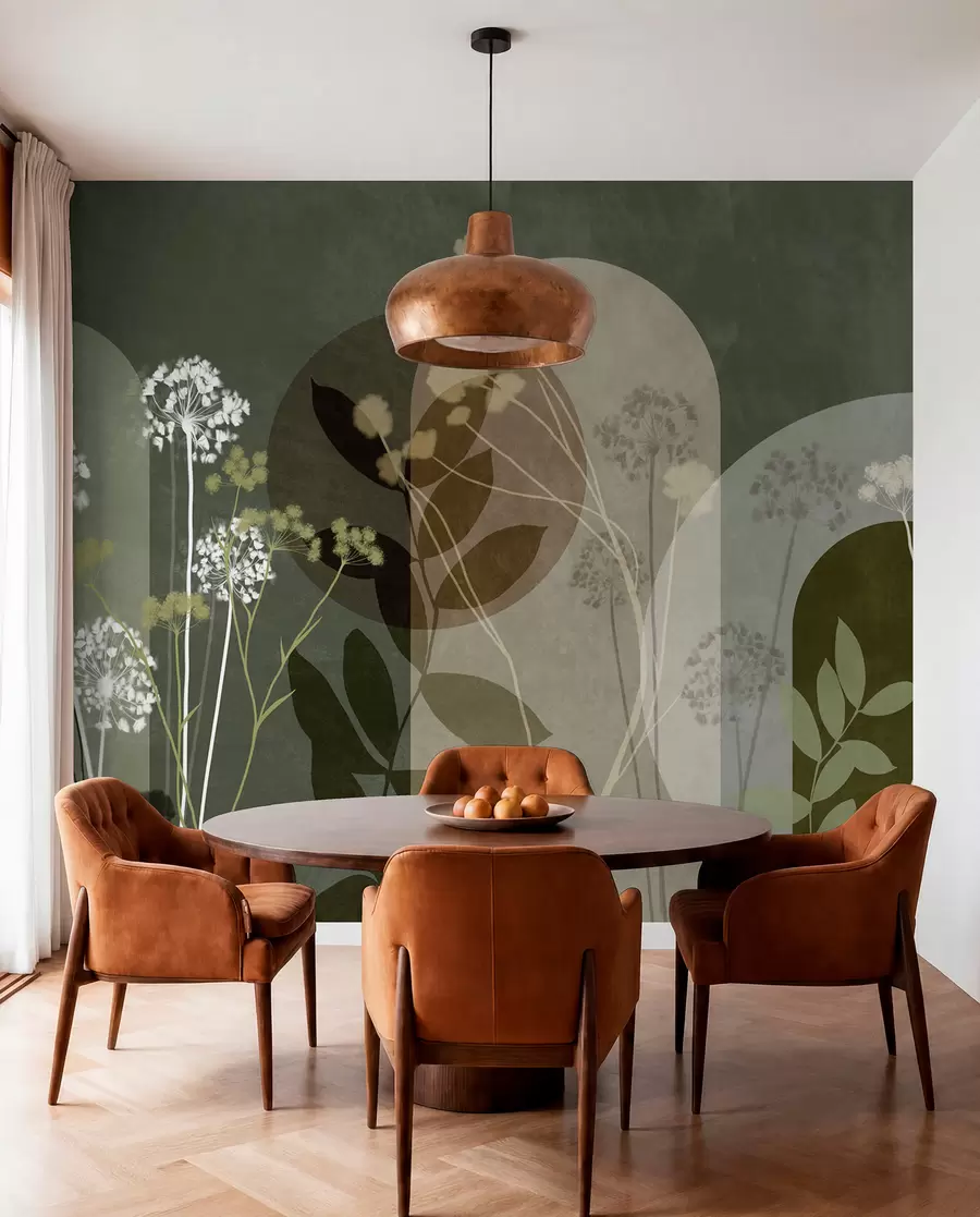 murais de parede Composição botânica e minimalista de flores e folhas secas com motivos geométricos abstratos w09906v2