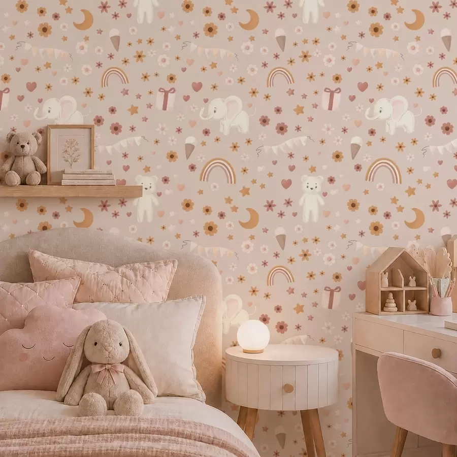 murais de parede Padrão infantil com elefante, arco-íris e flores a00433