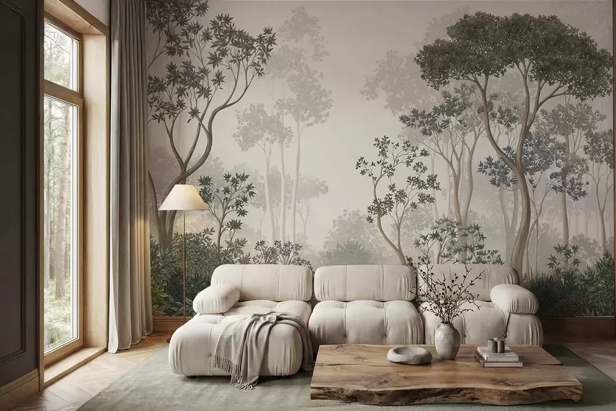 murais de parede Floresta enevoada com árvores e um curso de água tranquilo w05700