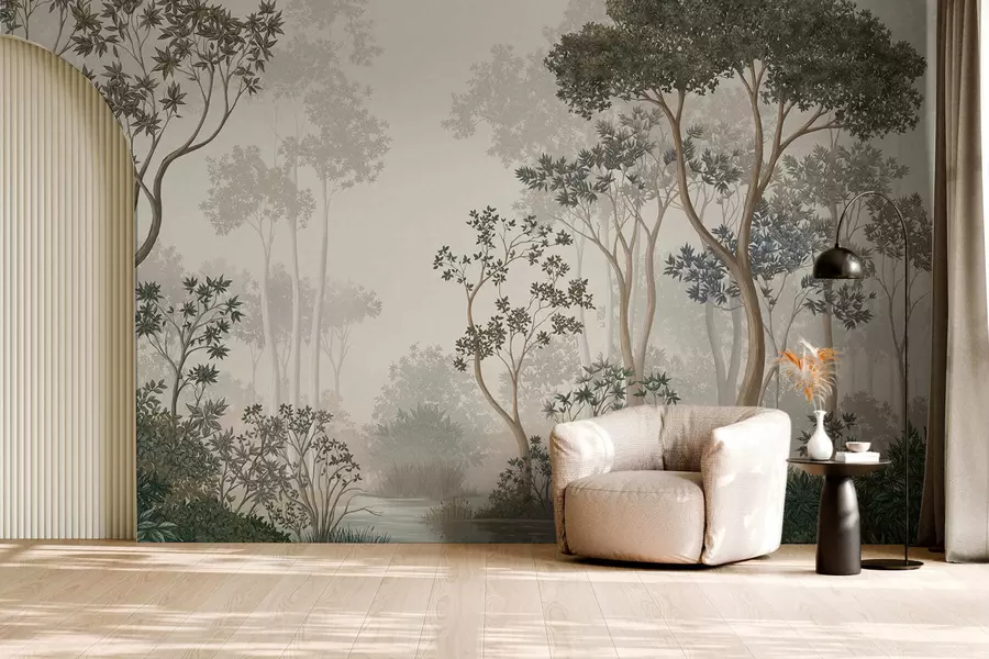 murais de parede Floresta enevoada com árvores e um curso de água tranquilo w05700