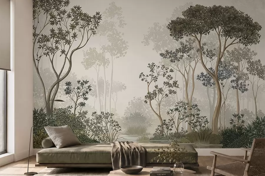 murais de parede Floresta enevoada com árvores e um curso de água tranquilo w05700
