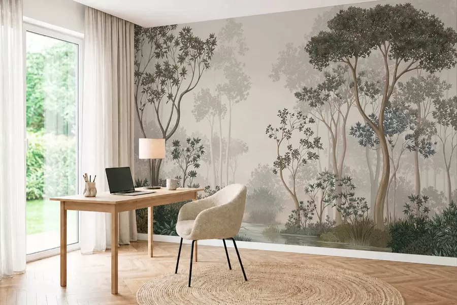 murais de parede Floresta enevoada com árvores e um curso de água tranquilo w05700