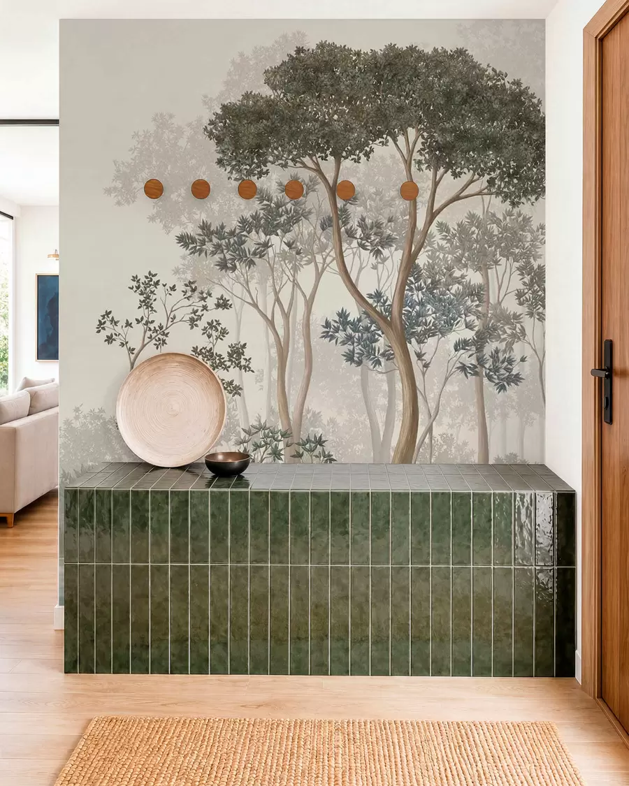 murais de parede Floresta enevoada com árvores e um curso de água tranquilo w05700