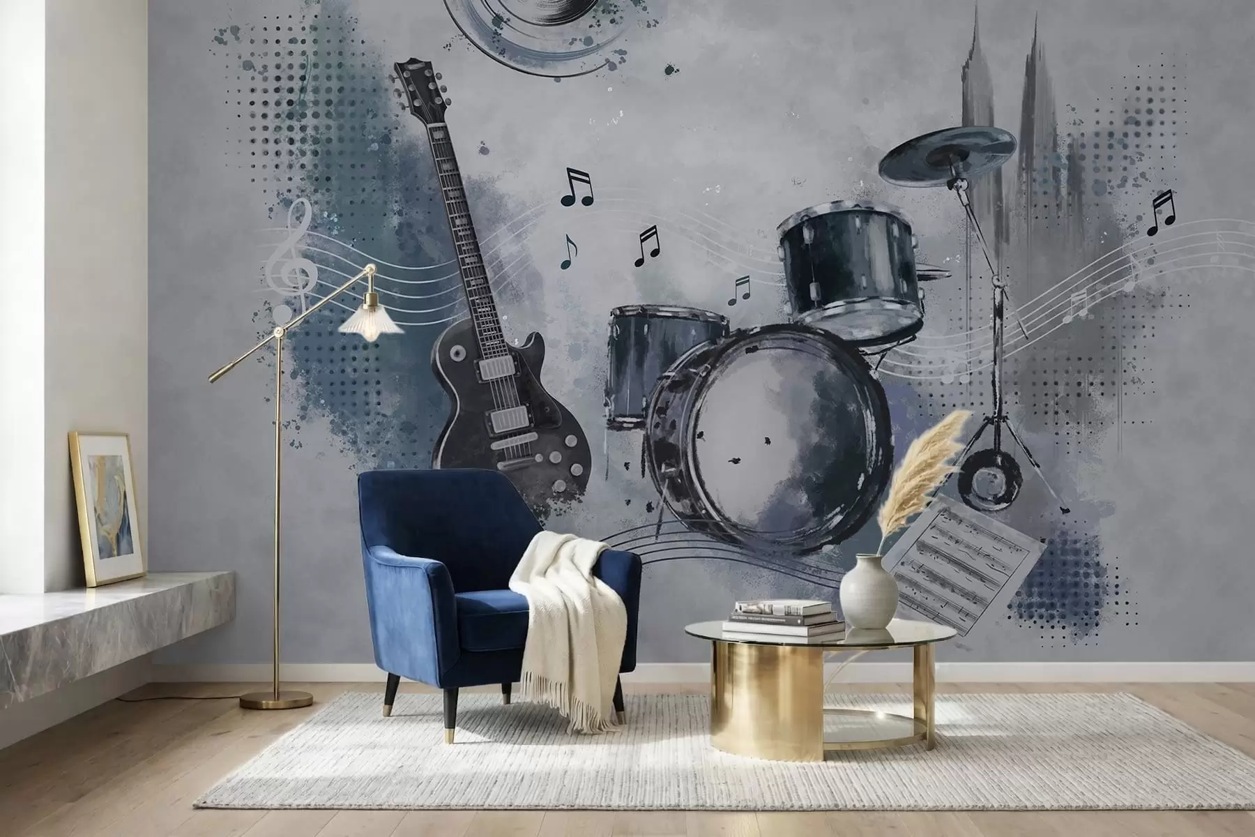murais de parede Guitarra e bateria com notas musicais w05546