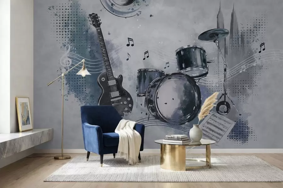 murais de parede Guitarra e bateria com notas musicais w05546