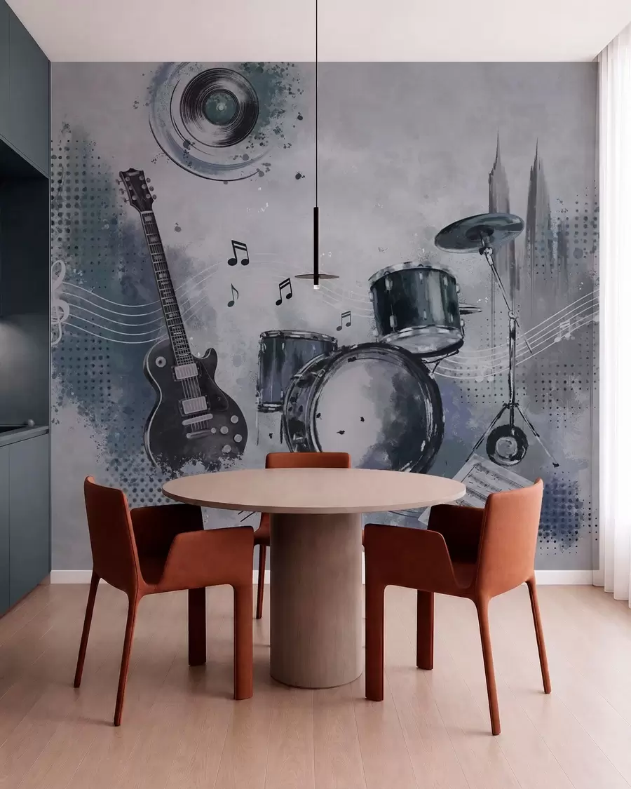 murais de parede Guitarra e bateria com notas musicais w05546