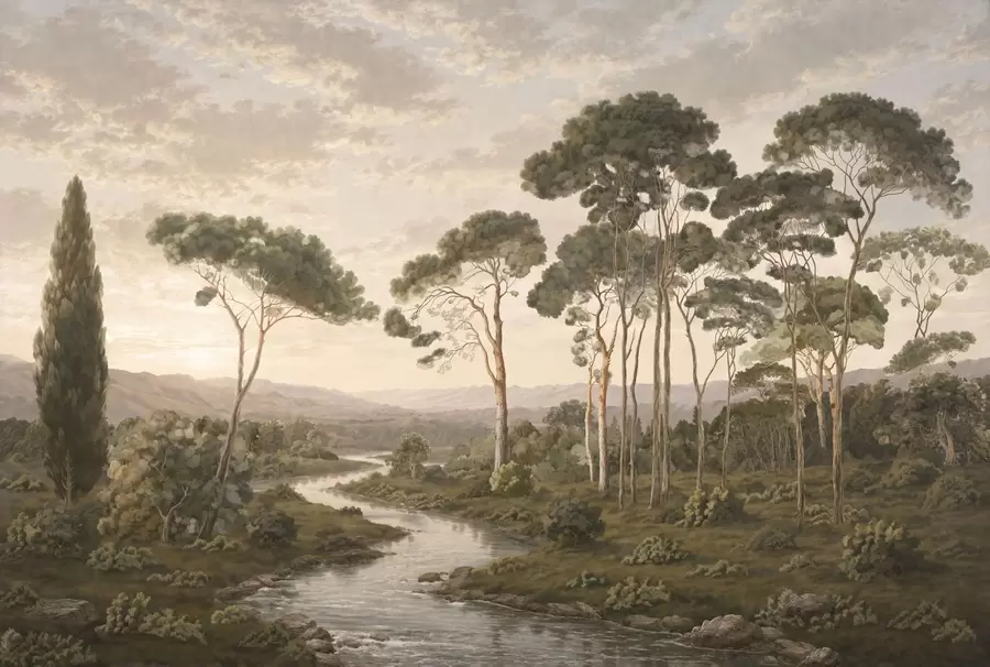 murais de parede Paisagem com rio, árvores e colinas ao longe w05696
