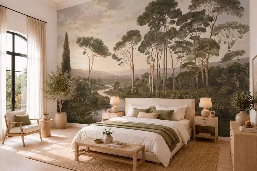 murais de parede Paisagem com rio, árvores e colinas ao longe w05696