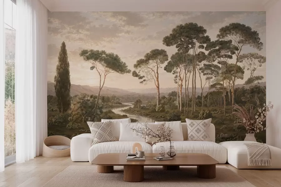 murais de parede Paisagem com rio, árvores e colinas ao longe w05696