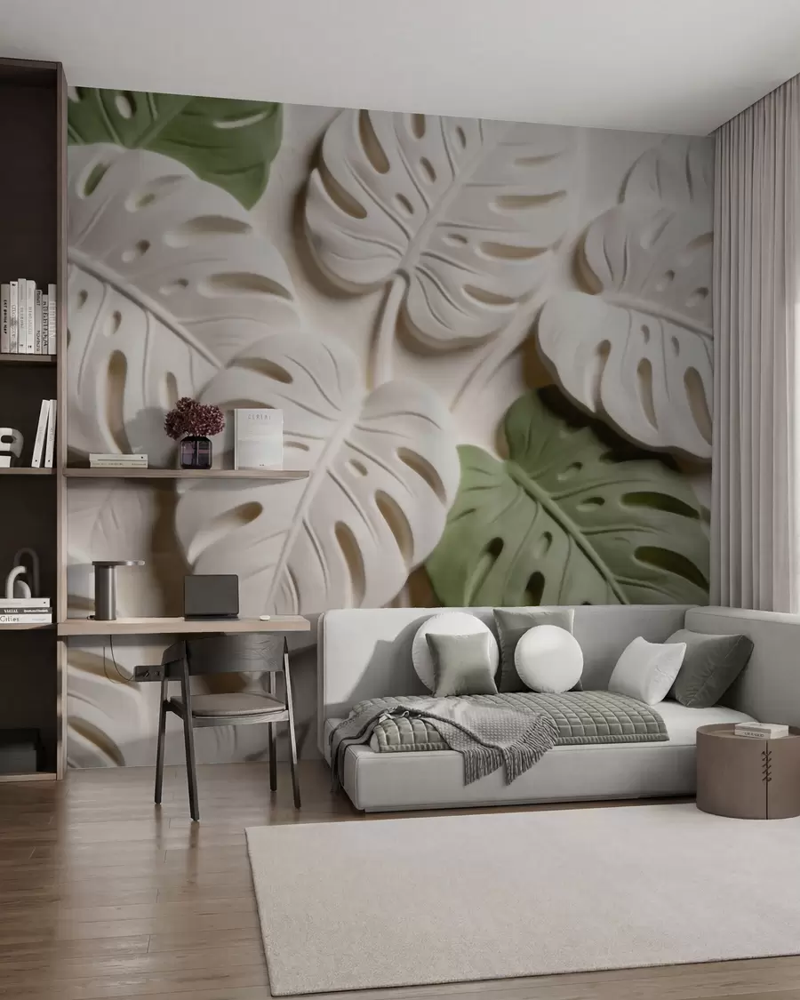 murais de parede Folhas de monstera com motivos botânicos em relevo, em tons de creme e verde w09883