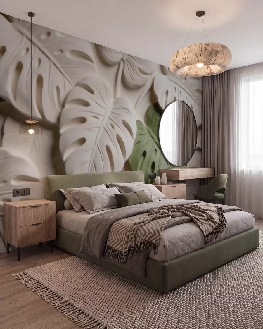 murais de parede Folhas de monstera com motivos botânicos em relevo, em tons de creme e verde w09883