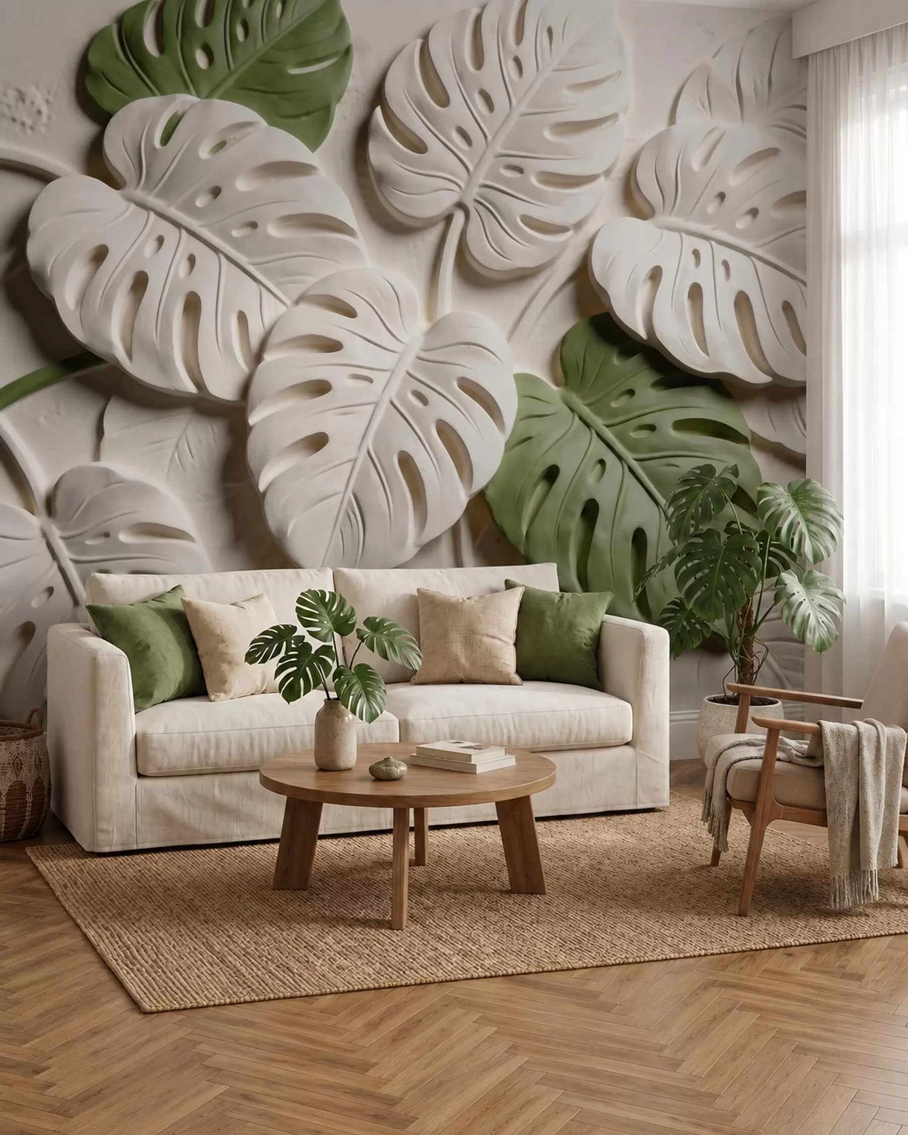 murais de parede Folhas de monstera com motivos botânicos em relevo, em tons de creme e verde w09883