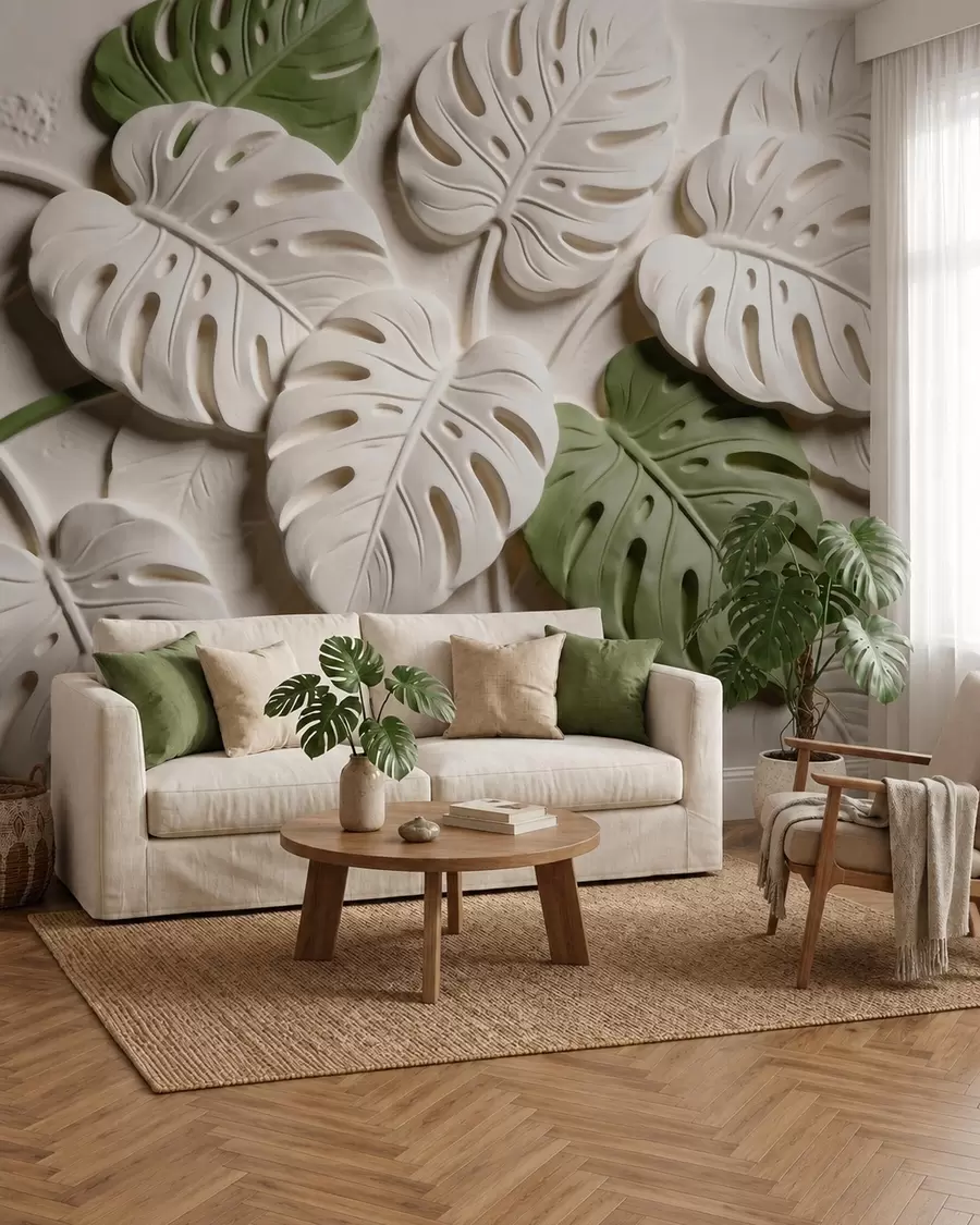 murais de parede Folhas de monstera com motivos botânicos em relevo, em tons de creme e verde w09883