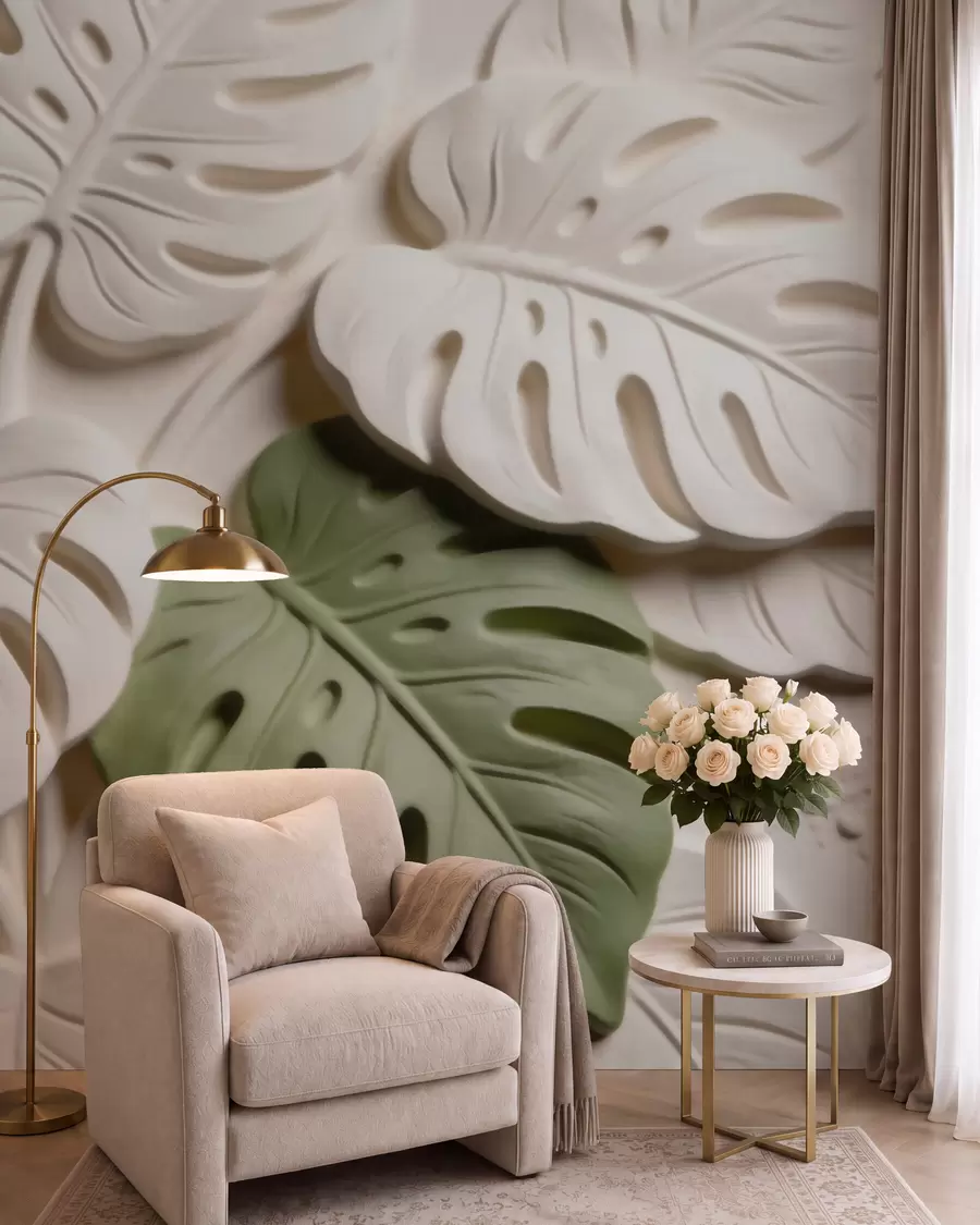 murais de parede Folhas de monstera com motivos botânicos em relevo, em tons de creme e verde w09883