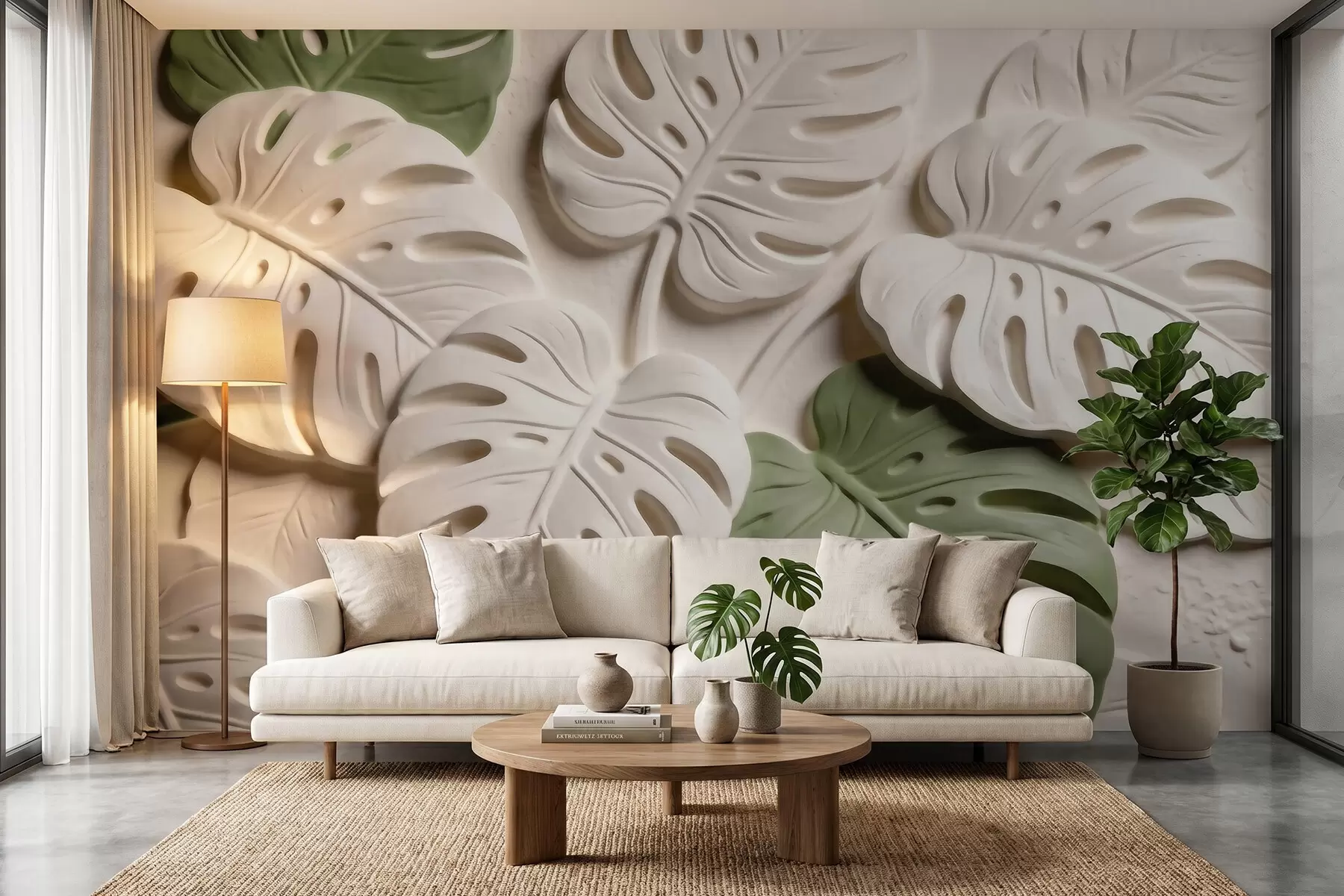 murais de parede Folhas de monstera com motivos botânicos em relevo, em tons de creme e verde w09883