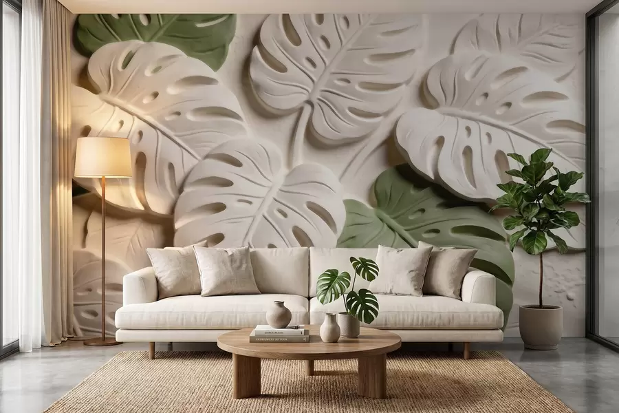 murais de parede Folhas de monstera com motivos botânicos em relevo, em tons de creme e verde w09883