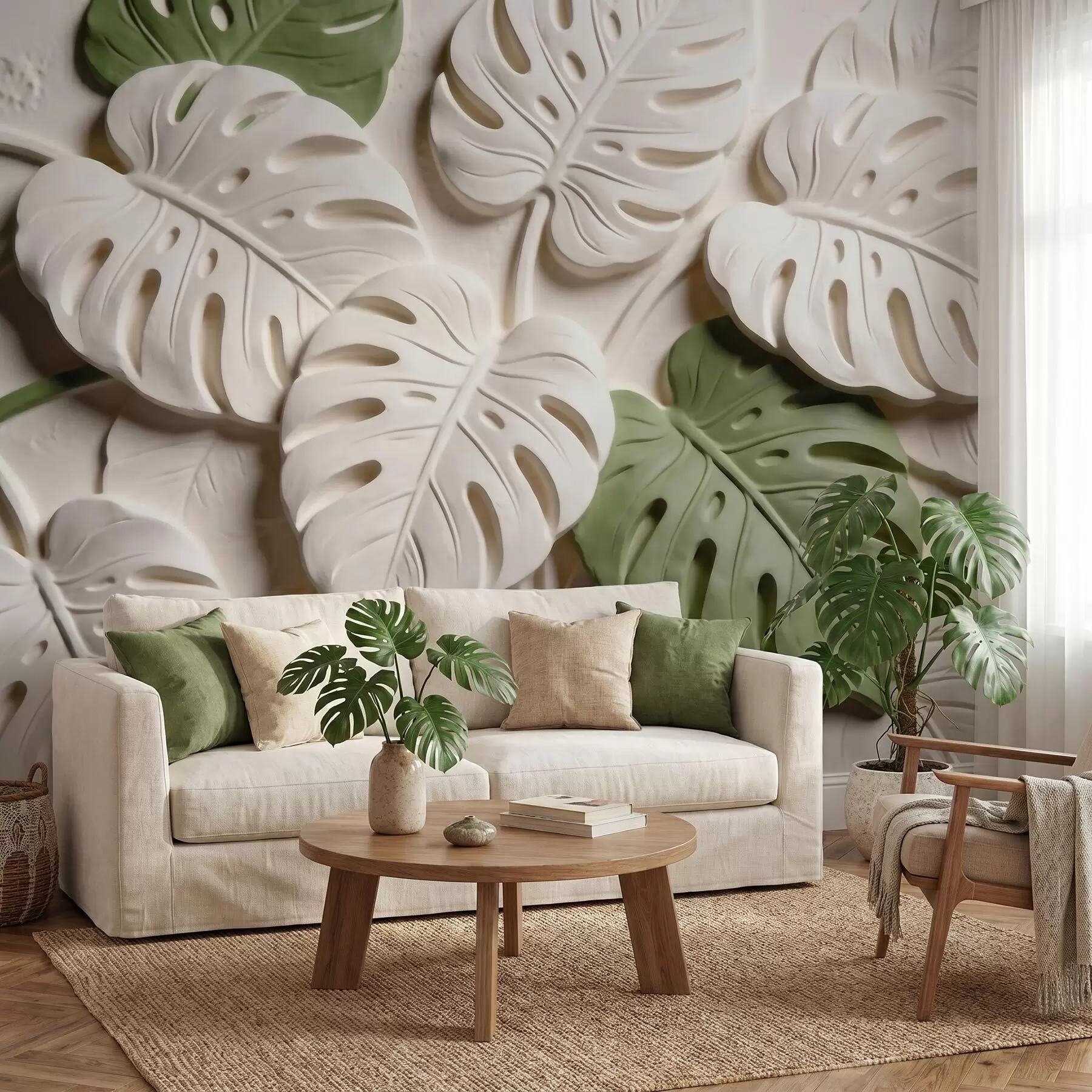 murais de parede Folhas de monstera com motivos botânicos em relevo, em tons de creme e verde w09883
