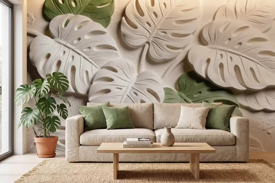 murais de parede Folhas de monstera com motivos botânicos em relevo, em tons de creme e verde w09883