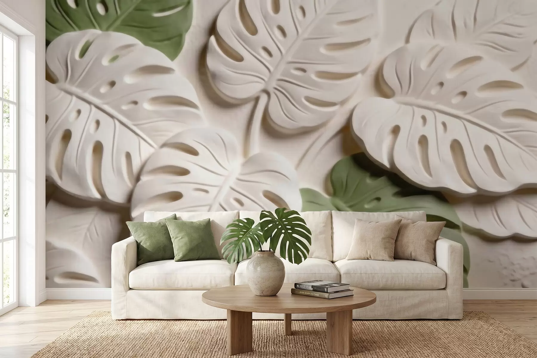 murais de parede Folhas de monstera com motivos botânicos em relevo, em tons de creme e verde w09883