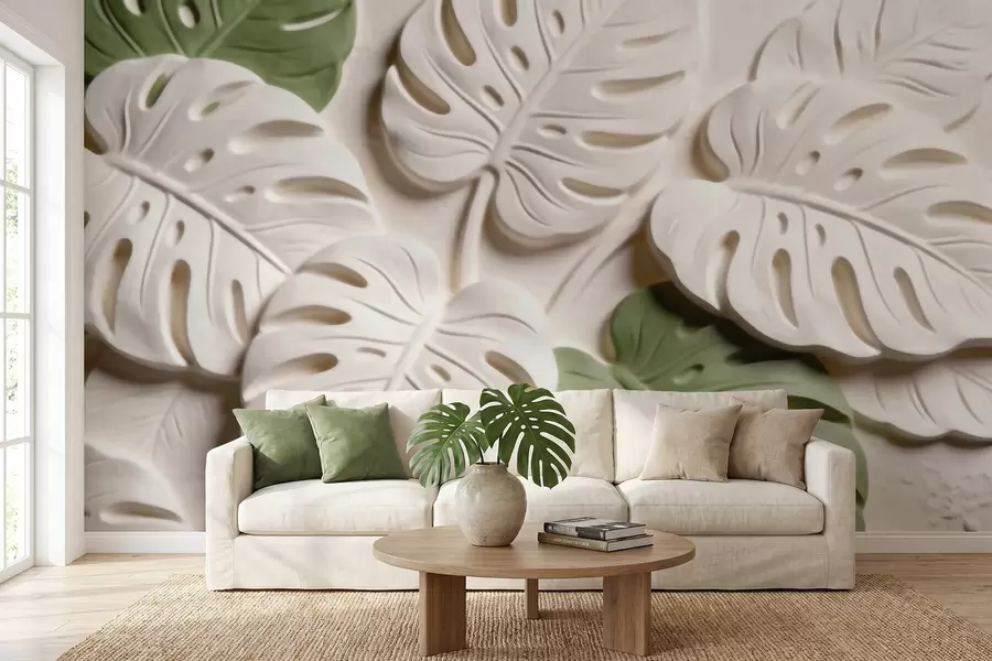 murais de parede Folhas de monstera com motivos botânicos em relevo, em tons de creme e verde w09883