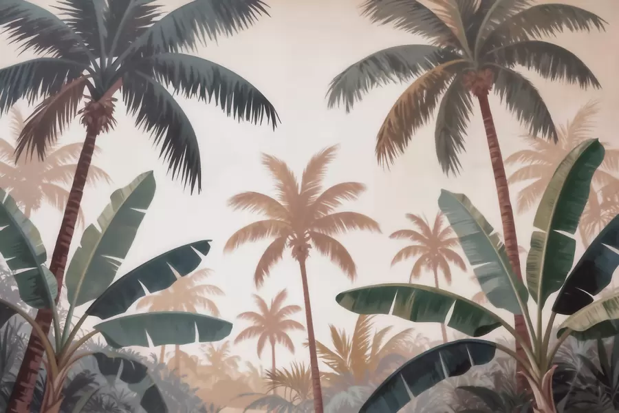 murais de parede Palmeiras tropicais numa suave paleta vintage, com uma atmosfera matinal enevoada w09884