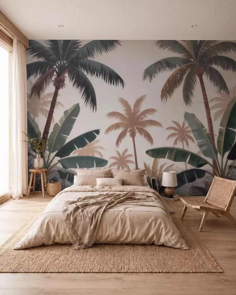 murais de parede Palmeiras tropicais numa suave paleta vintage, com uma atmosfera matinal enevoada w09884