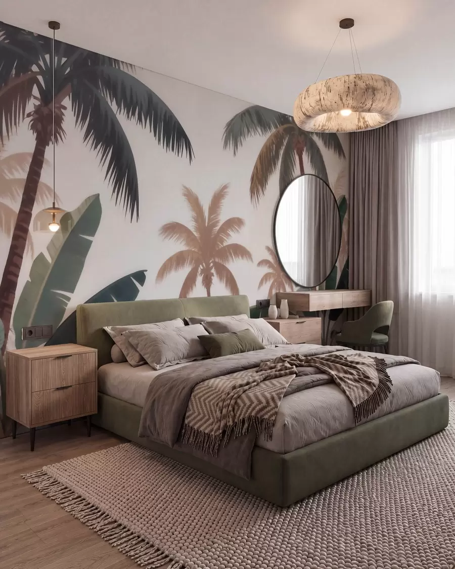 murais de parede Palmeiras tropicais numa suave paleta vintage, com uma atmosfera matinal enevoada w09884