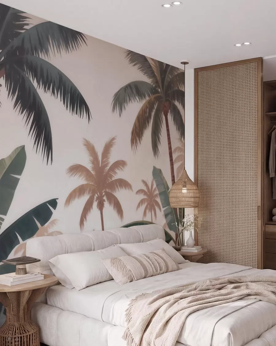 murais de parede Palmeiras tropicais numa suave paleta vintage, com uma atmosfera matinal enevoada w09884
