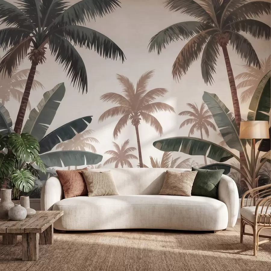 murais de parede Palmeiras tropicais numa suave paleta vintage, com uma atmosfera matinal enevoada w09884