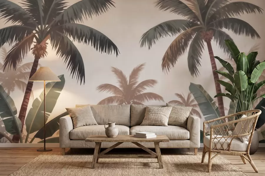 murais de parede Palmeiras tropicais numa suave paleta vintage, com uma atmosfera matinal enevoada w09884