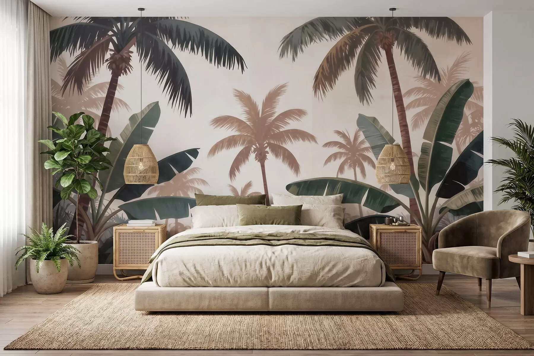 murais de parede Palmeiras tropicais numa suave paleta vintage, com uma atmosfera matinal enevoada w09884