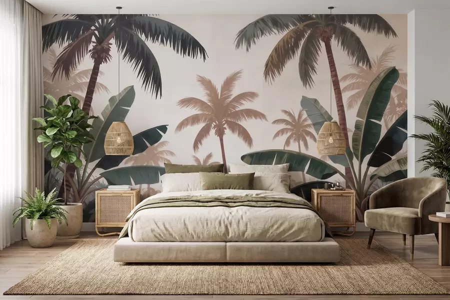 murais de parede Palmeiras tropicais numa suave paleta vintage, com uma atmosfera matinal enevoada w09884