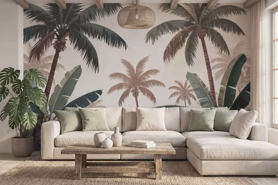 murais de parede Palmeiras tropicais numa suave paleta vintage, com uma atmosfera matinal enevoada w09884