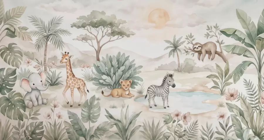 murais de parede Cena de safari pintada em aguarela com animais em delicados tons pastel, representando uma girafa, um elefante bebé, uma zebra e um filhote de leão w09888
