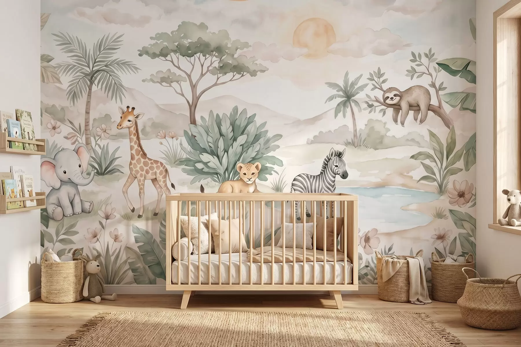 murais de parede Cena de safari pintada em aguarela com animais em delicados tons pastel, representando uma girafa, um elefante bebé, uma zebra e um filhote de leão w09888