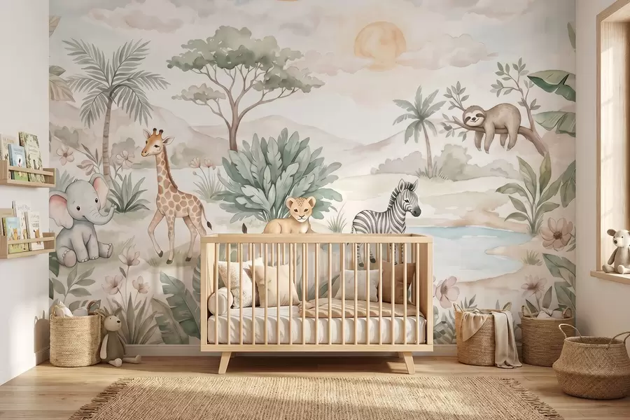murais de parede Cena de safari pintada em aguarela com animais em delicados tons pastel, representando uma girafa, um elefante bebé, uma zebra e um filhote de leão w09888
