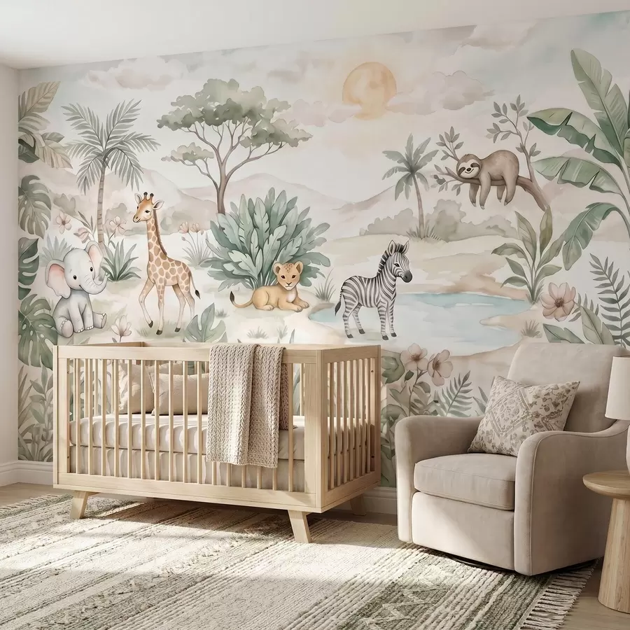 murais de parede Cena de safari pintada em aguarela com animais em delicados tons pastel, representando uma girafa, um elefante bebé, uma zebra e um filhote de leão w09888
