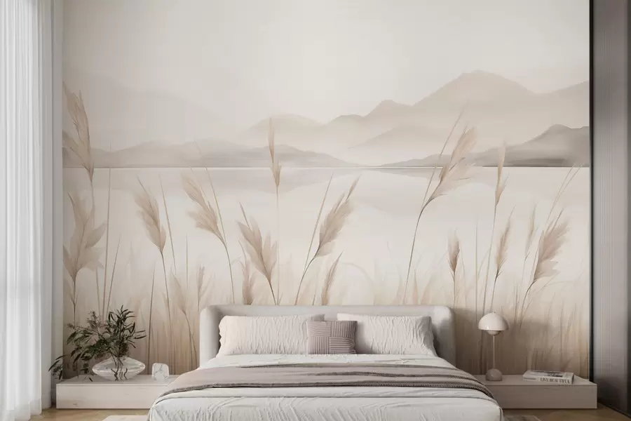 murais de parede Juncos junto a um lago, com montanhas ao fundo; imitação de uma pintura w05704