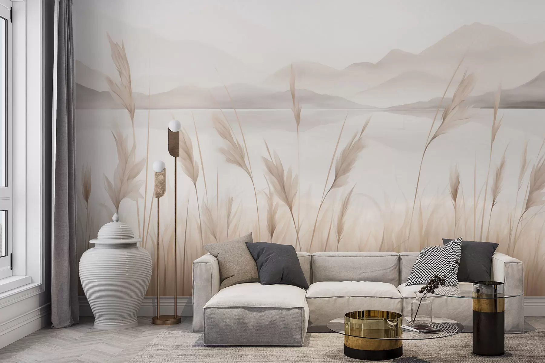 murais de parede Juncos junto a um lago, com montanhas ao fundo; imitação de uma pintura w05704