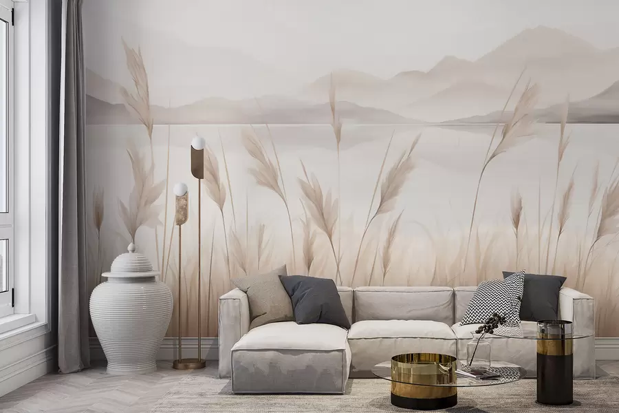 murais de parede Juncos junto a um lago, com montanhas ao fundo; imitação de uma pintura w05704