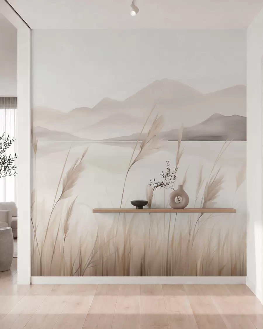 murais de parede Juncos junto a um lago, com montanhas ao fundo; imitação de uma pintura w05704