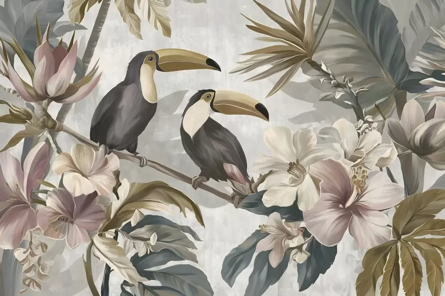 murais de parede um casal de tucanos entre flores e folhas tropicais w05657