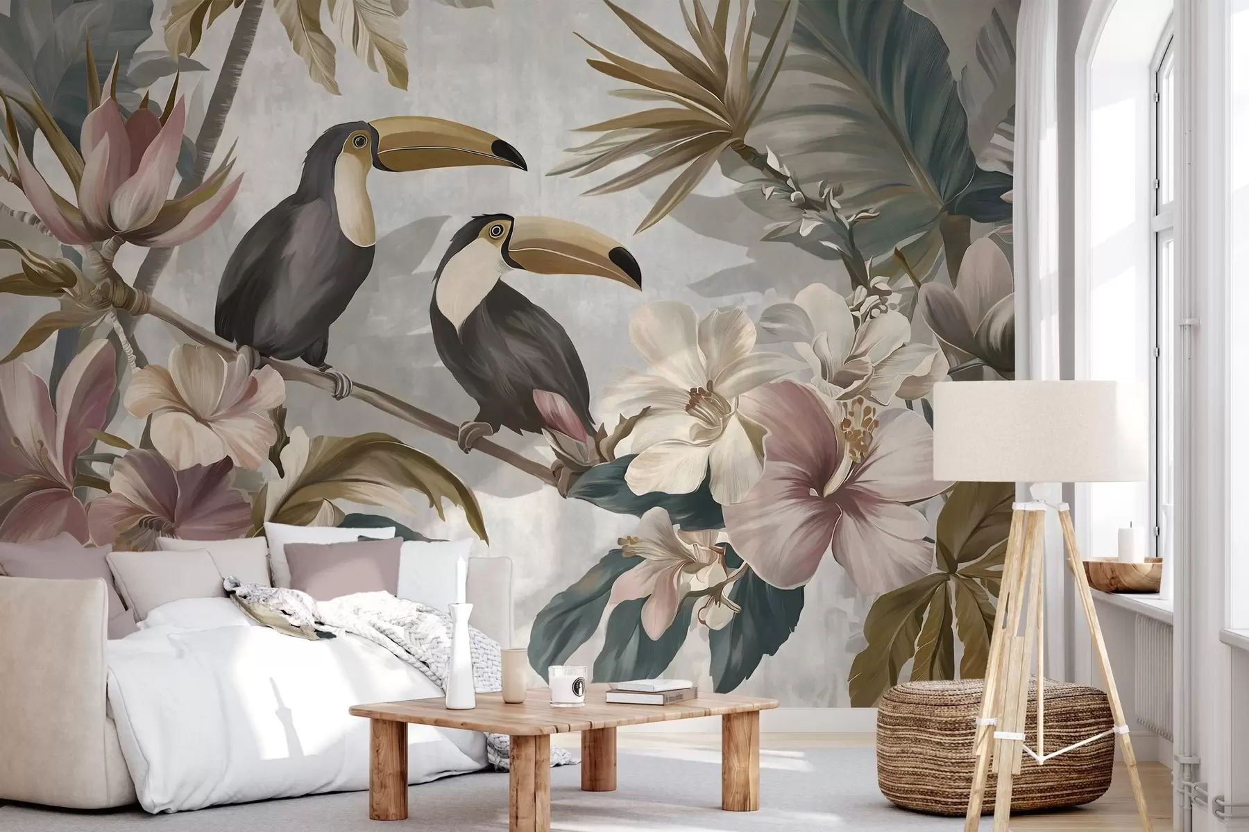 murais de parede um casal de tucanos entre flores e folhas tropicais w05657