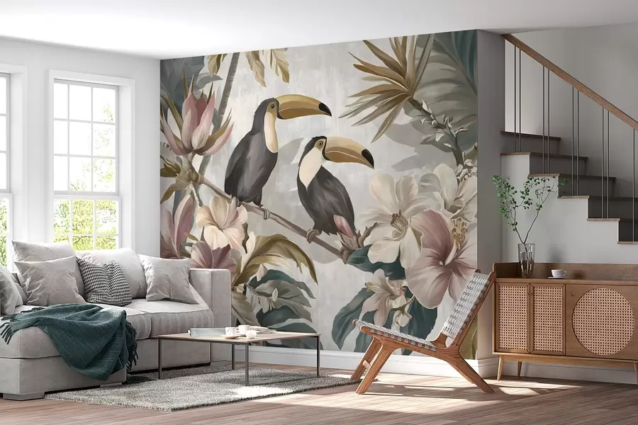 murais de parede um casal de tucanos entre flores e folhas tropicais w05657