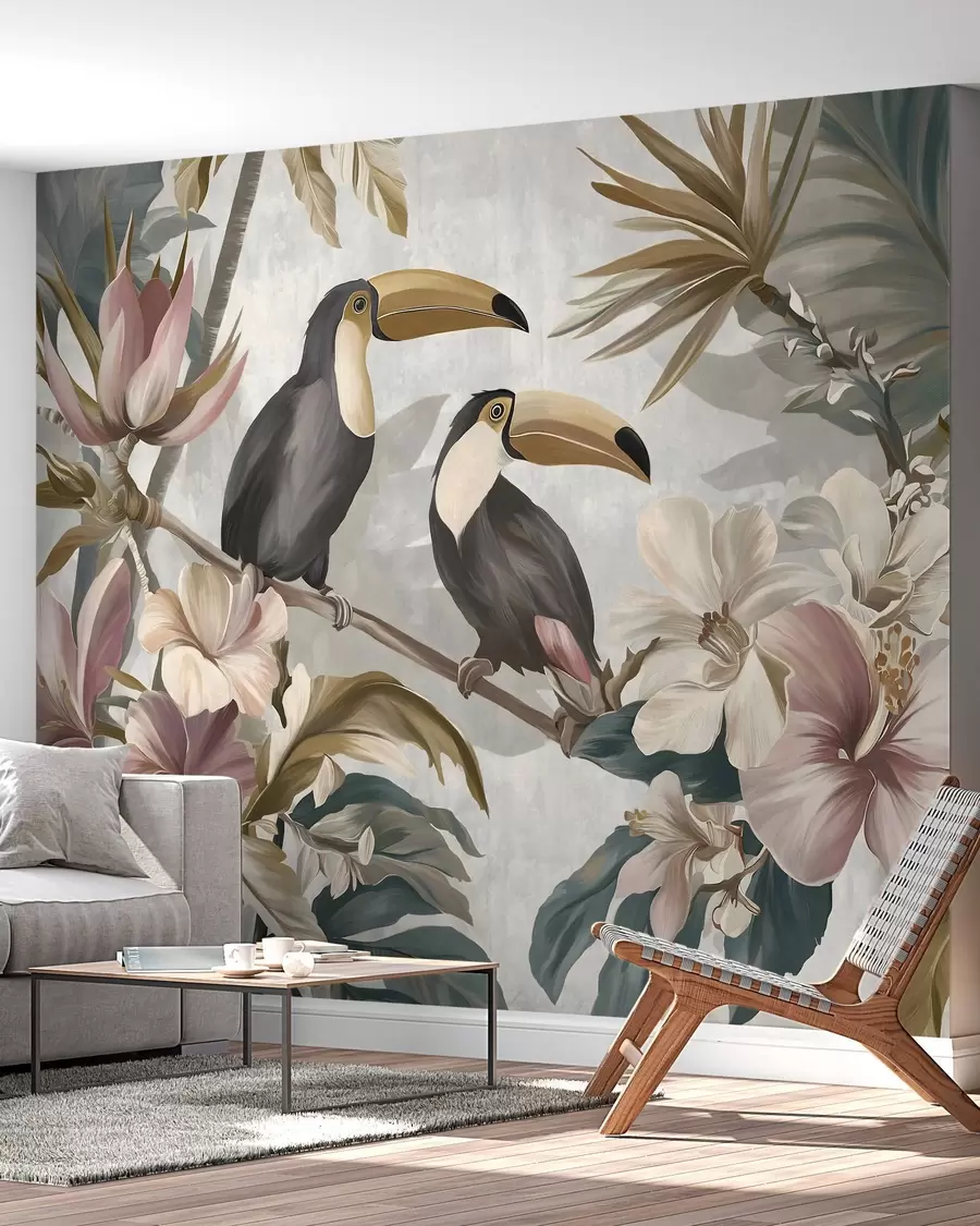 murais de parede um casal de tucanos entre flores e folhas tropicais w05657