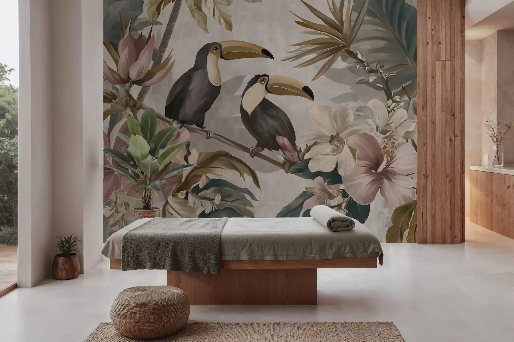murais de parede um casal de tucanos entre flores e folhas tropicais w05657