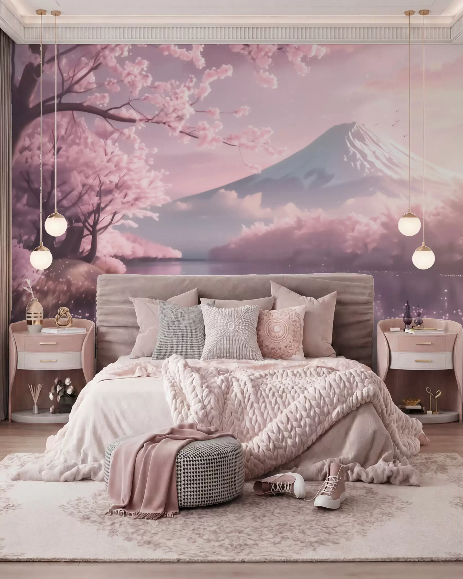 murais de parede Paisagem japonesa serena com flores de cerejeira e um lago de montanha ao nascer do sol w09864