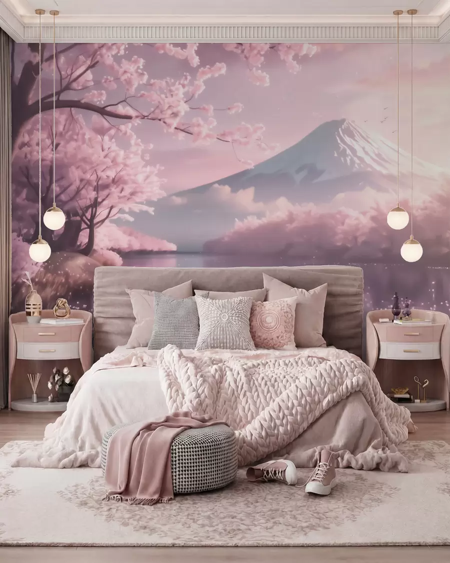 murais de parede Paisagem japonesa serena com flores de cerejeira e um lago de montanha ao nascer do sol w09864