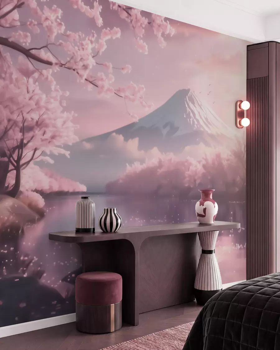 murais de parede Paisagem japonesa serena com flores de cerejeira e um lago de montanha ao nascer do sol w09864